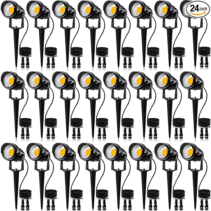 SUNVIE 24 Pack Low Voltage Landscape Lights LED 12W Landscape Lighting with connectors AC/DC 12V-24V Outdoor Spotlight IP65 Waterproof Tree Flag Lights Warm White Spotlights for Yard Garden Pathway