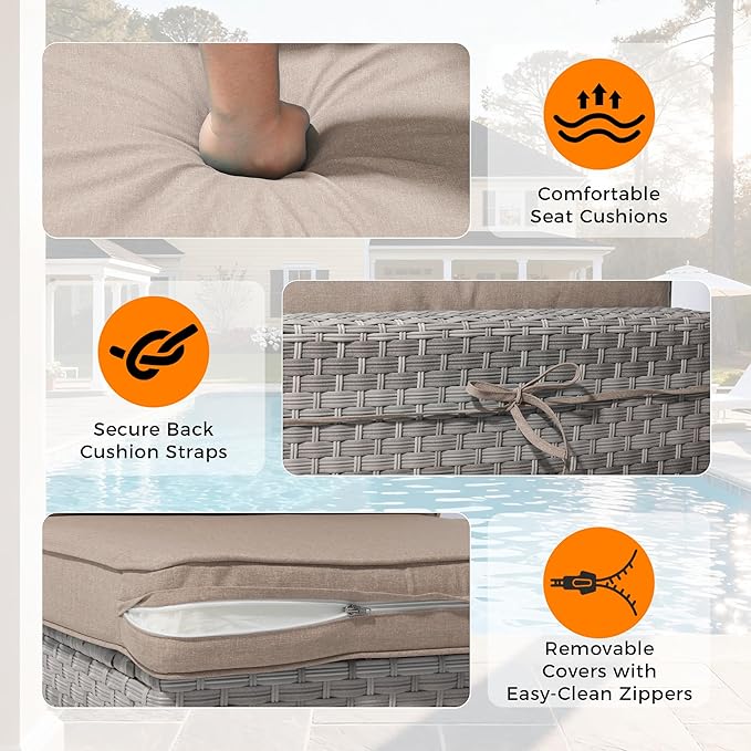 12-Seat Modern Outdoor Wicker Rattan Patio Furniture Set with 55,000 BTU Fire Pit Table, Thick 4″ Cushions, All-Weather Dual-Strand Rattan, Rust-Resistant Steel Frame,Beige