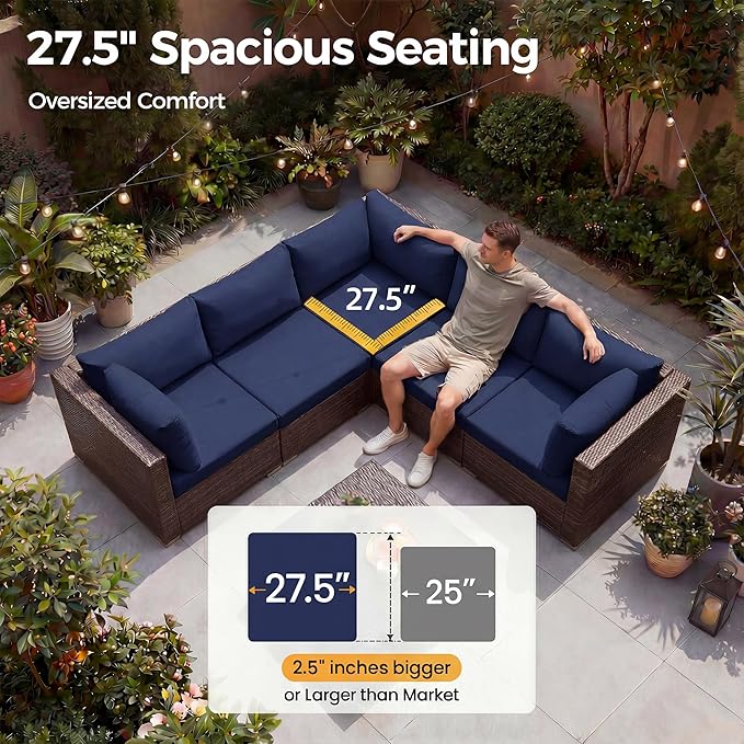 NICESOUL 9 Piece Patio Sectional Sofa Set with Fireplace Natural Gas/Propane, 29.3'' High Back Deep Seats Outdoor Conversation Couch, Extra-Large Wicker Furniture Sets, Brown Rattan and Blue Cushion