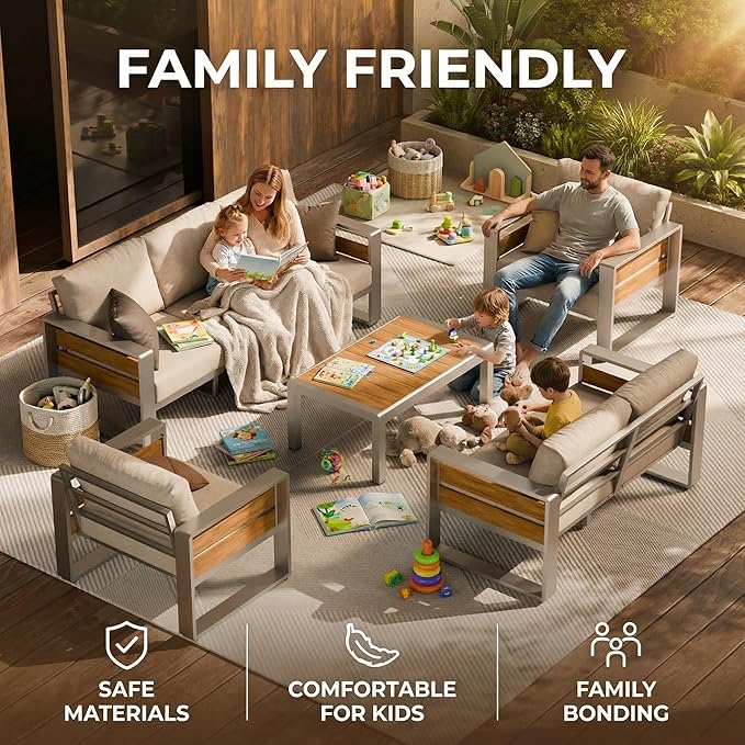 ZANDOR Aluminum Outdoor Patio Conversation Furniture Set, 4 PCS Metal Modern Outside Sectional Lawn Furniture with Coffee Table & Washable Thick Cushions,Seating Sofa for Garden/Backyard/Porch Silver