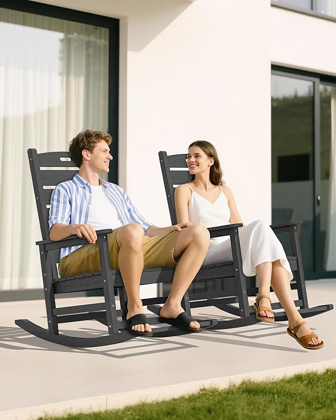 SERWALL Outdoor Rocking Chair Set of 4, Oversized HDPE Patio Rocking Chair with Footrest for Adults, All Weather Porch Rocker for Deck Patio Balcony, Gray