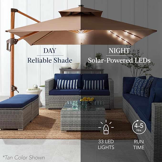 Best Choice Products 10ft Square Cantilever Patio Umbrella w/Base Included, Woodgrain Pattern Pole & Solar LED Lights, 360-Rotation, Offset Hanging Outdoor Shade - Green