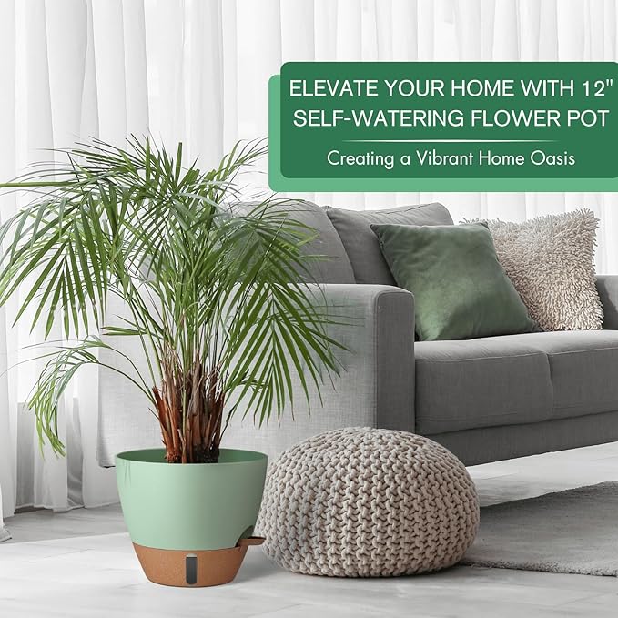 12/10/8 Inch Self Watering Pots for Indoor Plants Plastic Large Plant Pot for Outdoor Plants, Water Level Window & Spacious Reservoir Flower Pots Decorative Planter with Drainage and Tray (Green)
