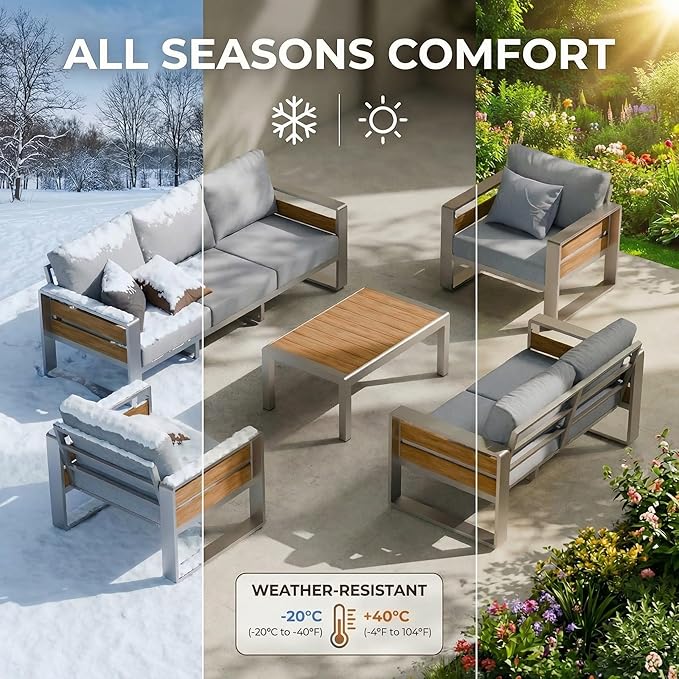 ZANDOR Aluminum Outdoor Patio Conversation Furniture Set, 4 PCS Metal Modern Outside Sectional Lawn Furniture with Coffee Table & Washable Thick Cushions,Seating Sofa for Garden/Backyard/Porch Silver