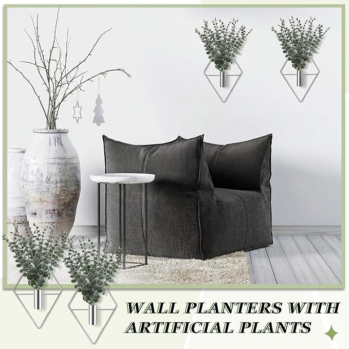Jexine 4 Pcs Hanging Planters with Artificial Eucalyptus Metal Hanging Vase Indoor Plants Holder Modern Geometric Boho Bathroom Wall Decor for Living Room Home Office (Eucalyptus,Silver)