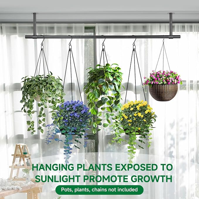 Hanging Planters Rod – Plant Hanger Indoor for Window Ceiling, Hanging Plant Shelf for Wall Planter House Plants, Plant Shelves Metal Holder Bar 47.5In (Pots, plants, chains not included)