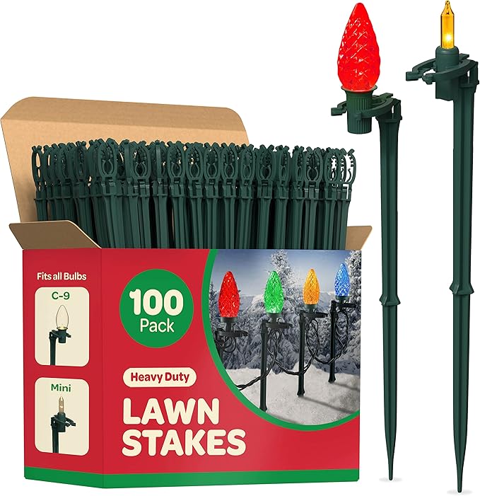 Christmas Light Yard Stakes [Set of 100] Outdoor Light Stakes - 8.5" Tall - Universal Christmas Pathway Lights On Yards, Driveways - Christmas Yard Stakes - USA Made