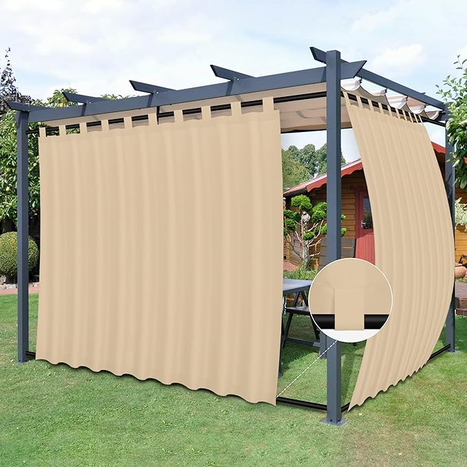 Easy-Going Outdoor Patio Curtains Detachable Tab Top Windproof Weatherproof Curtain for Cabana, Porch, Pergola and Gazebo, Tab Bottom Drape, 2 Panels, 110W x 96L inch, Beige