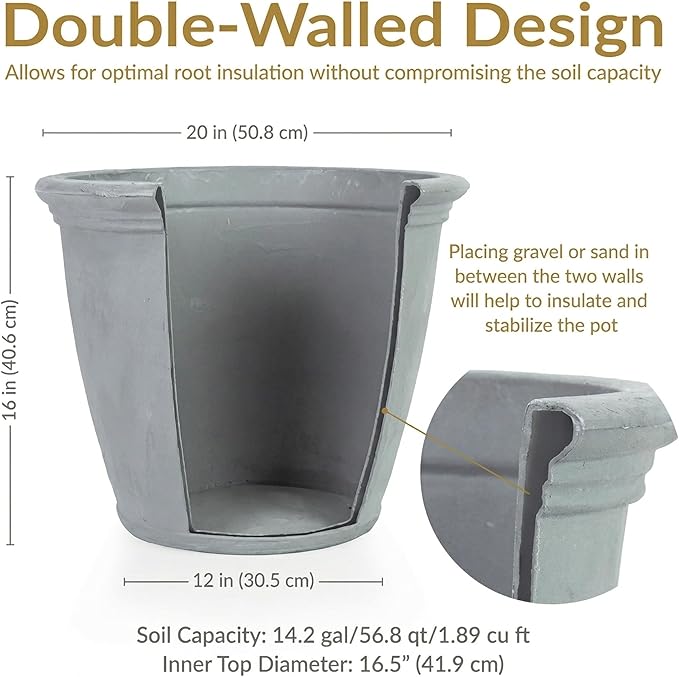 Sunnydaze 20-Inch Anjelica Large Plastic Pot for Plants - Outdoor Double-Walled Large Plastic Planter with Drillable Drainage Holes - Light Gray