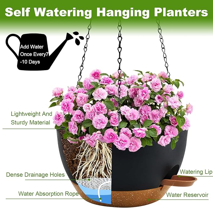 10 inch Hanging Planters for Indoor Plants, 3 Pack Self-Watering Hanging Planter Pots with Chain and Drainage Holes, Outdoor Plastic Hanging Baskets for Garden Home Decor