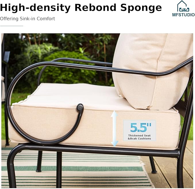 MFSTUDIO 5 Seats Large Metal Patio Conversation Sets, 4 Pieces Outdoor Furniture Sofa with 2 Swivel Chairs, 1 Sofa(3-seat) and Table for Outside Balcony Backyard Poolside