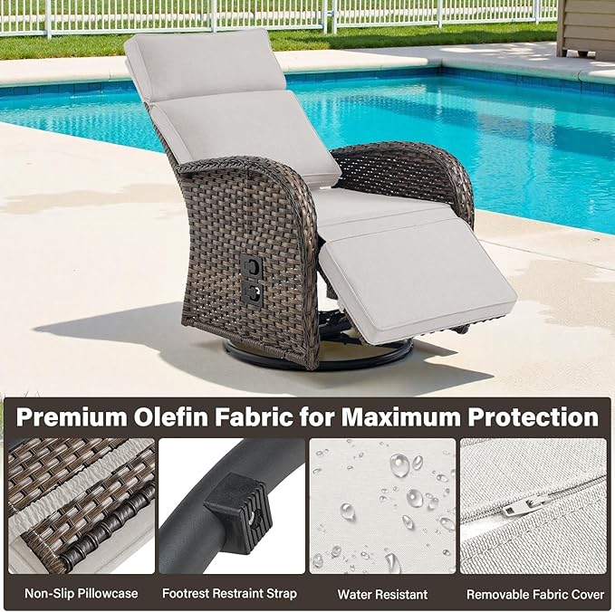 5 Piece Patio Furniture Set with Swivel Recliner Chair - Removable Outdoor Patio Couch Set, Chaise Lounge Chair Outdoor with Adjustable Backrest and Footrest and Coffee Table for Casual Gathering