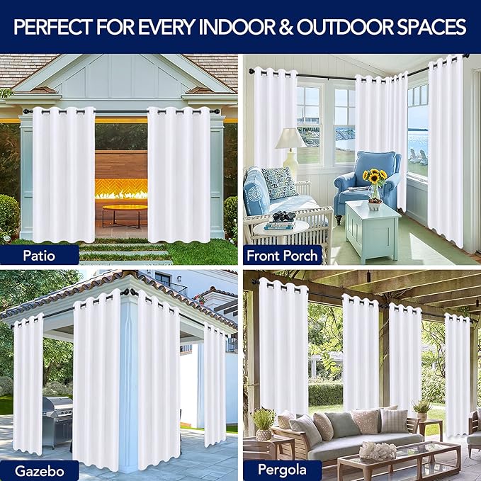 PureFit Outdoor Curtains for Patio Waterproof Weatherproof, UV Resistant Outside Curtains for Gazebo, Front Porch, Pergola, Sun Blocking Privacy Curtain, 52W x 108L inch, 1 Panel, White