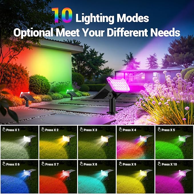 WdtPro 4 Pack Solar Color Changing Lights, 10 Lighting Modes Solar Lights Outdoor Waterproof, Multicolor RGB Outdoor Lights, 9 Colors Auto Cycling Landscape Spolights for Yard Garden Decoration