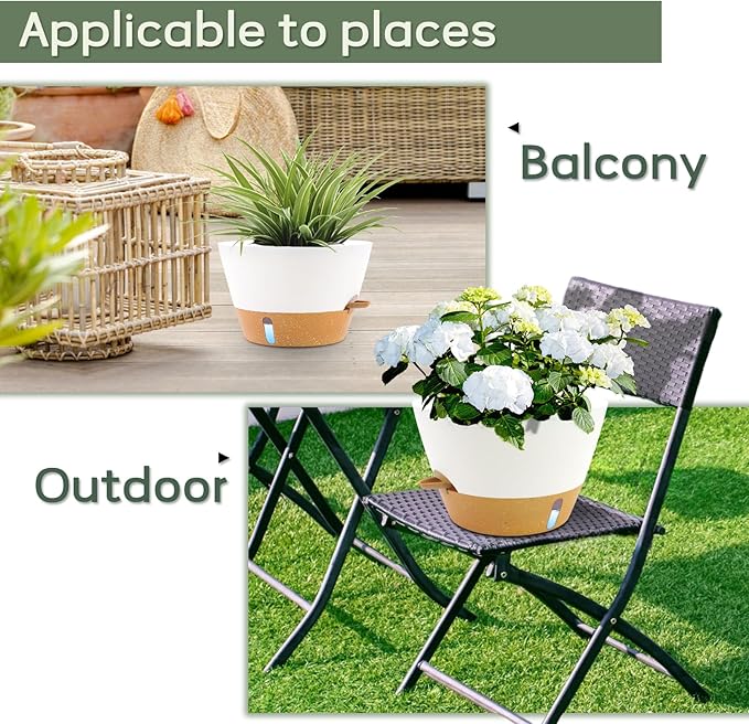 12-Inch Self Watering Planters with Drainage Holes, Large Flower Pots for Indoor Outdoor Plants, Garden Pots White