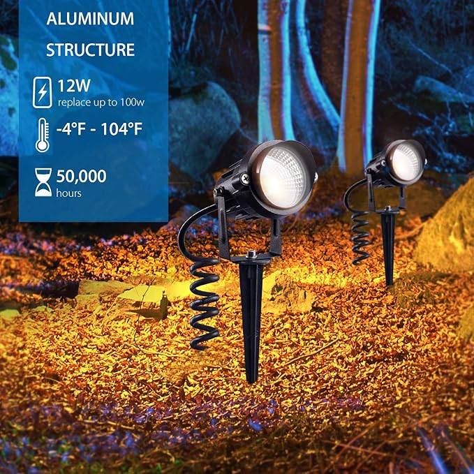 SUNVIE Outdoor Landscape LED Lighting 12W Waterproof Graden Lights COB Led Spotlights with Spiked Stand for Lawn Decorative Lamp US 3- Plug 6500K Daylight White (2 Packs)