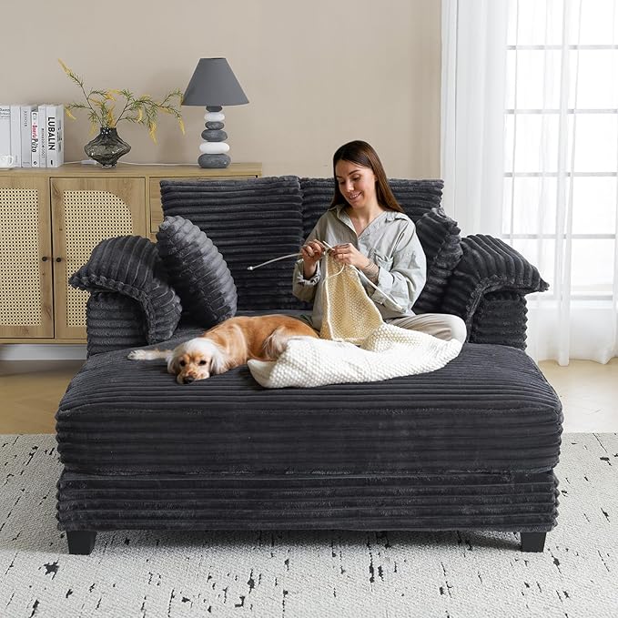 VINGLI 56" Oversized Chaise Lounge Chair, Dark Grey Comfy Corduroy Chaise Sofa Recliner Bed Upholstered Sleeper Couch Bed with Throw Pillows and Armrests for Living Room, Movie Room, Bedroom