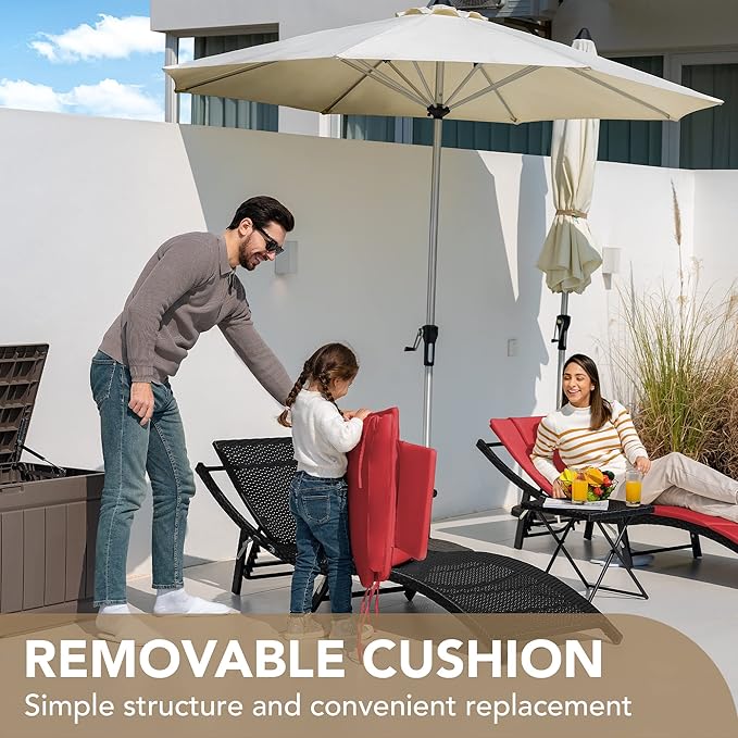 Devoko Patio Chaise Lounge Sets Outdoor Rattan Adjustable Back 3 Pieces Cushioned Patio Folding Chaise Lounge with Folding Table (Red)