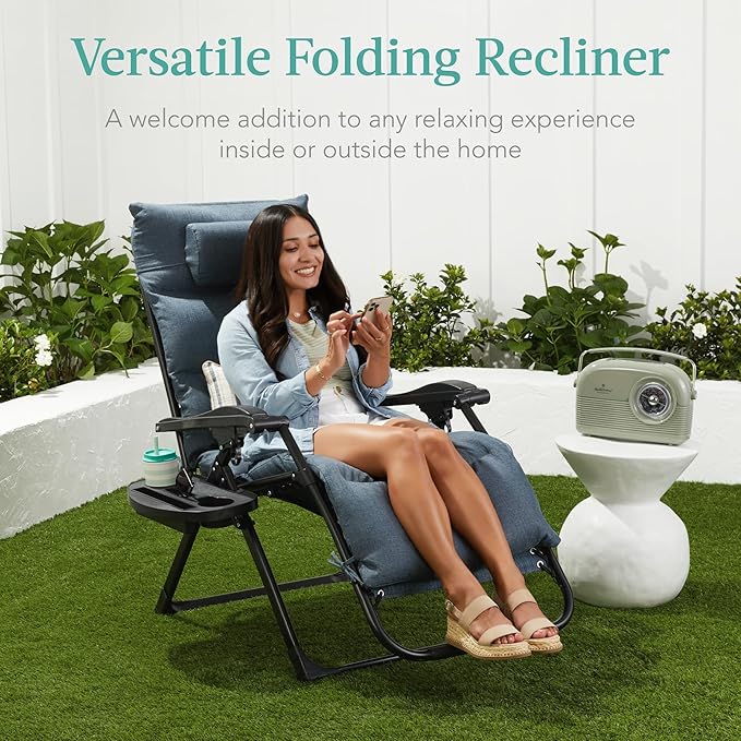 Best Choice Products Oversized Zero Gravity Chair, Folding Outdoor Patio Recliner, XL Anti Gravity Lounger w/Removable Cushion, Cup Holder, Side Tray, 350lb Capacity - Light Blue