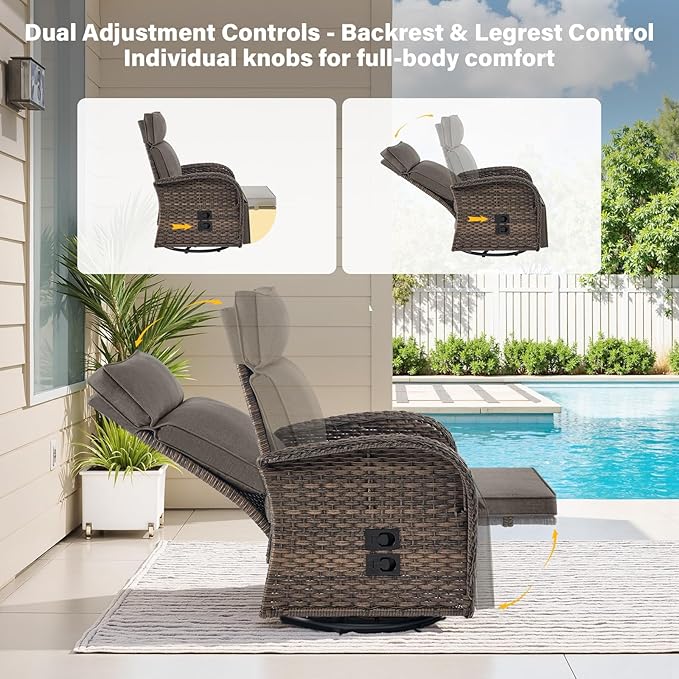 Belord 5 Piece Wicker Patio Furniture Set with 30" Propane Fire Pit Table, Outdoor Swivel Recliner Chairs with Adjustable Backrest & Footrest for Patio Conversation and Backyard Gathering
