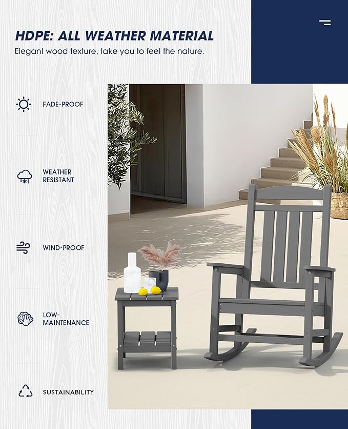 KINGYES Oversized Outdoor Rocking Chair Set of 4, High Density Polyethylene Patio Rocking Chairs with 330lbs Support for Adults, Gray