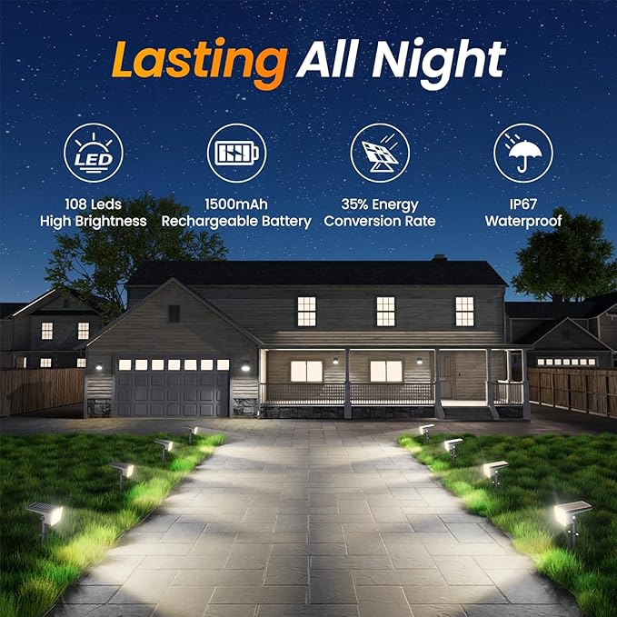 Fabrito Solar Spot Lights Outdoor 10 Pack, [108Leds, 4 Modes] Auto On/Off Spotlights, IP67 Waterproof Landscape Lights for Tree, Yard, Patio, Pool, Pathway, Driveway, Warm White