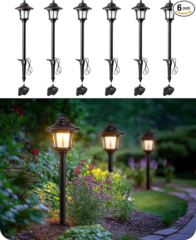 EDISHINE Low Voltage Landscape Lights, 12V 3W 120LM 3000K Seed Glass Outdoor Landscape Path Lights with Connectors, ORB Waterproof Electric LED Pathway Light Wired for Walkway Garden Yard, 6 Pack