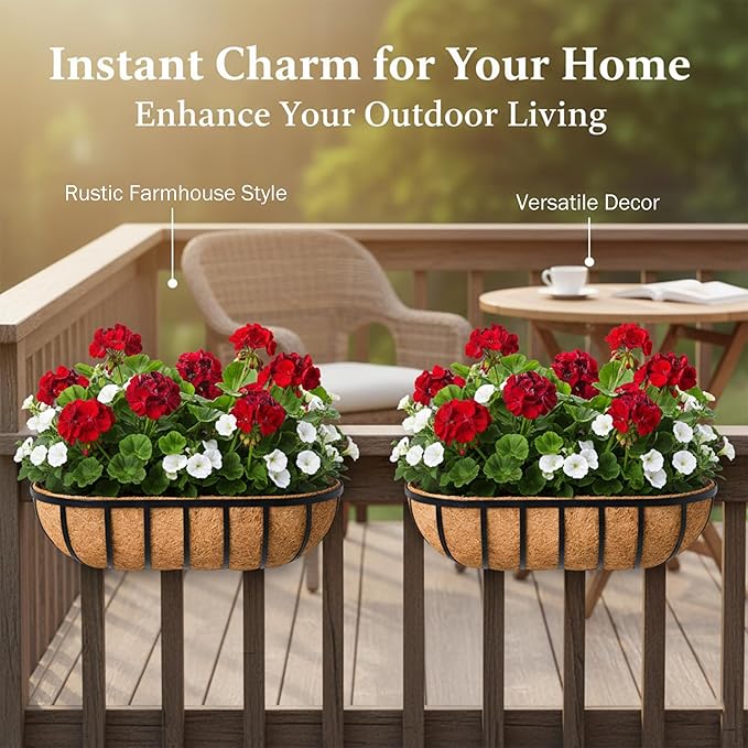 30“ Window Box Railing Planter with Coco Liner Metal Wall-Mounted Coconut Liner Planter Basket English Horse Trough Planters for Outdoor Deck Balcony Porch Fence Patio Black (2 Pack)