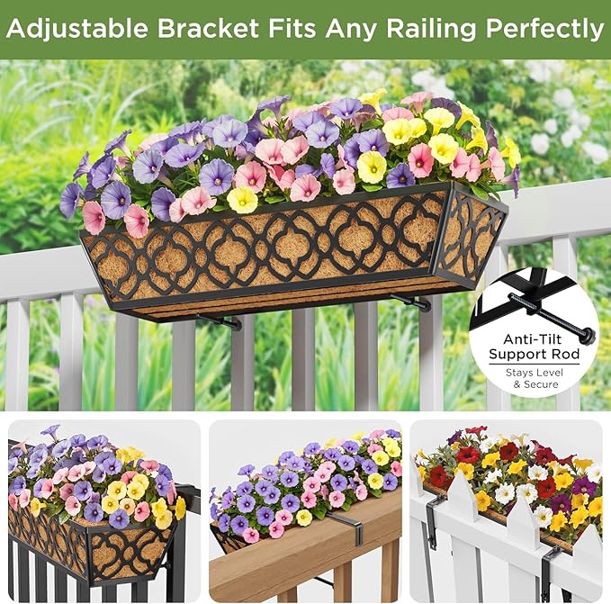 Y&M Flower Boxes for Deck Railings 24inch 4packs, Deck Railing Planter Boxes with Coir Liner Outdoor Railing Window Boxes Planters Hanging Planter Flower Box