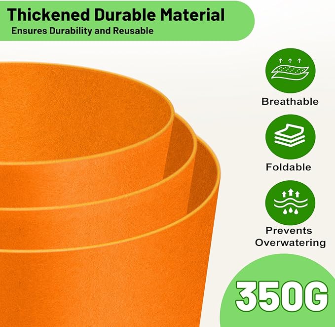 3 Gallon Fabric Grow Bags 5-Pack, 350G Heavy Duty Nonwoven Plant Pots with Handles, Breathable Root Pruning Containers for Vegetables Flowers Indoor Outdoor Gardening