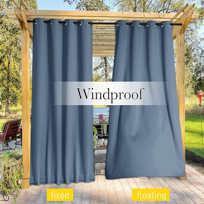 NICETOWN 2 Panels Fixed Stone Blue Outdoor Curtains for Patio Waterproof, Top & Bottom Grommet & Back Tab Windproof Drapes Thermal Insulated Blackout Outdoor Blinds for Porch/Gazebo, W52 x L84