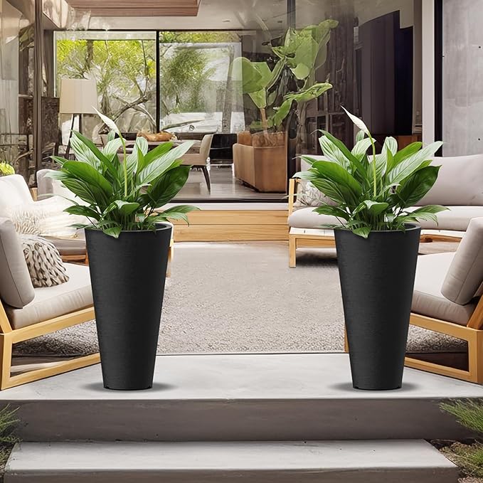 Kante Tall Round Planter Set of 2, 18" H Large Decorative Planter Pots for Outdoor Indoor Garden Patio Front Porch (Black)