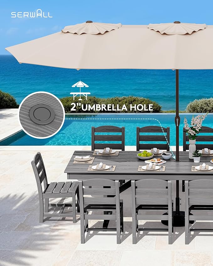 SERWALL Outdoor Dining Table, 84" Rectangular Dining Table for 6-10 Person, All Weather HDPE Outdoor Furniture for Backyard, Garden, Gray