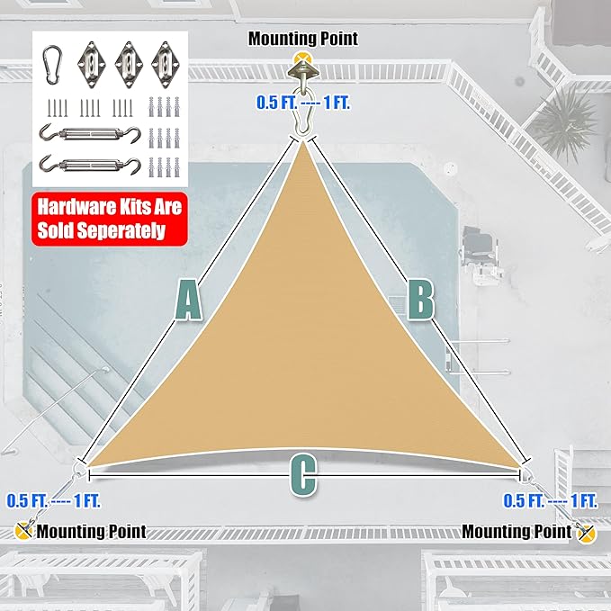Amgo 10' x 10' x 10' Beige Triangle Sun Shade Sail UPF50+ Canopy Awning AGSLT, 95% UV Blockage, Water & Air Permeable, 200GSM Heavy Duty Commercial and Residential (We Make Custom Sizes)