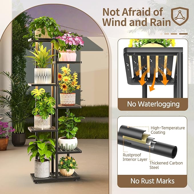 LASZOLA 6 Tier Plant Stand Indoors Outdoors with Light for Large Heavy Duty Planter, Black Metal Tall Flower Holder Rack for Modern House Corner, Vertical Iron Organizer with Multiple Rustic Shelf