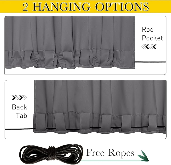 NICETOWN 2 Panels Weighted Blackout Curtains for Patio Waterproof, Grommet & Back Tab on Top & Bottom Windproof Blackout Outdoor Curtains for Porch with Bouns Rope for Fixed, Grey, W52 x L84