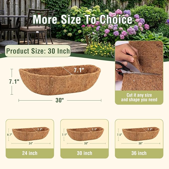 4 Pcs 30 Inch Trough Coco Liner for Window Box, 100% Natural Half Moon Coconut Coir Planter, Replaceable Coconut Fiber Liner for Window Boxes & Fence Flower Baskets (4, 30 inch)