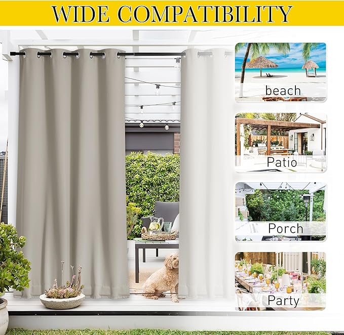 NICETOWN 2 Panels Outdoor Curtains for Patio Extra Wide 84", Waterproof & Windproof Grommet & Back Tab Fixed Top and Bottom Sun Blocking Privacy Drapes with Rope for Gazebo, Natural, W84 x L84