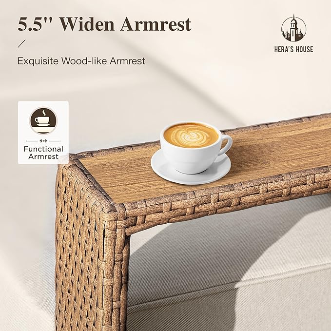HERA'S HOUSE 4 Pieces Patio Furniture Set, 2 Outdoor Rattan Wicker Armchairs Set with 2 Ottomans, All Weather Patio Conversation Set with 5.3" Widened Armrest, 10" Ultra Thick Comfy Sponge Cushion