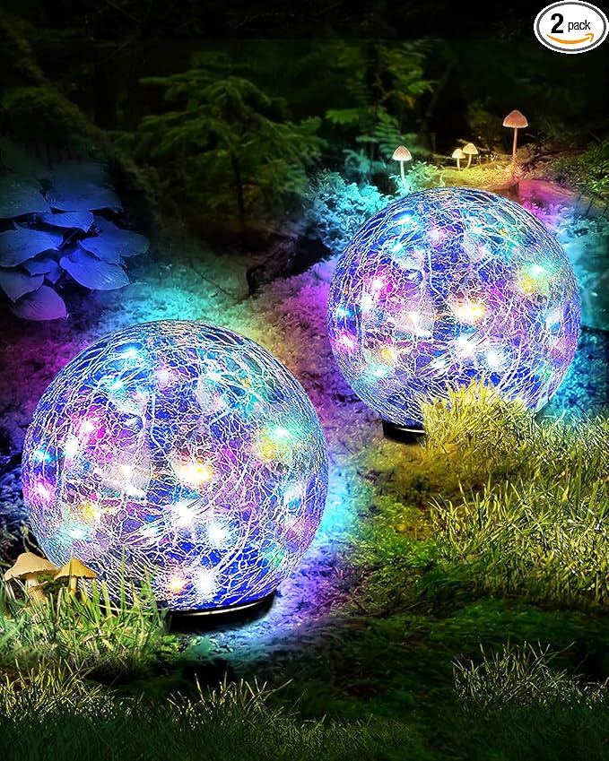 Coroor Garden Solar Ball Lights Outdoor Waterproof, 30 LED Cracked Glass Globe Solar Power Ground Lights for Path Yard Patio Lawn, Christmas Decoration Landscape Colorful (2 Pack 3.9'')