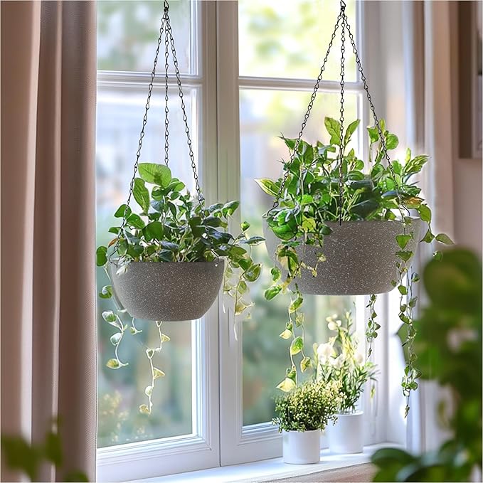 T4U Hanging Planters for Indoor Outdoor Plants 2 Pack - 12 Inch Grey Hanging Plant Basket with Drainage Hole, Round Hanging Flower Plant Pot for Garden Home Decor(Grey)