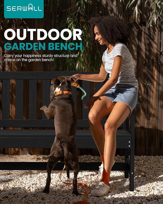 SERWALL Outdoor Bench, HDPE Outdoor Benches Weatherproof, 2-Person Garden Bench with 660 lbs Weight Capacity, Patio Benches for Outdoors, Garden, Porch, Backyard and Park, Black, 4 Pack