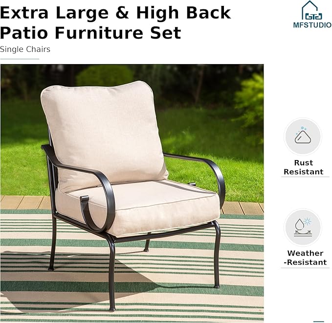 MFSTUDIO 5 Seats Large Metal Patio Conversation Sets, 4 Pieces Outdoor Furniture Sofa with 2 Fixed Chairs, 1 Sofa(3-seat) and Table for Outside Balcony Backyard Poolside