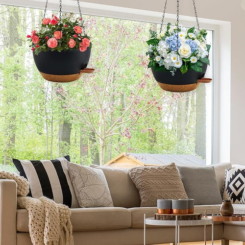 12 inch Hanging Planters for Indoor Plants, 2 Pack Self-Watering Hanging Planter Pots with Chain and Drainage Holes, Outdoor Plastic Hanging Baskets for Garden Home Decor