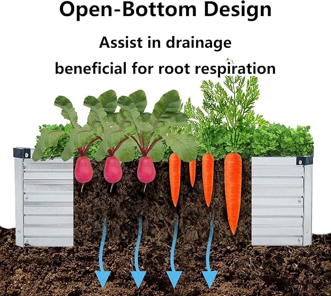 2 Pack 12x4x1FT Galvanized Raised Garden Bed Kit, Outdoor Metal Planter Box for Vegetables, Bottomless Rectangular Gardening Bed with Support Rods, Tool-Free Assembly, Silver