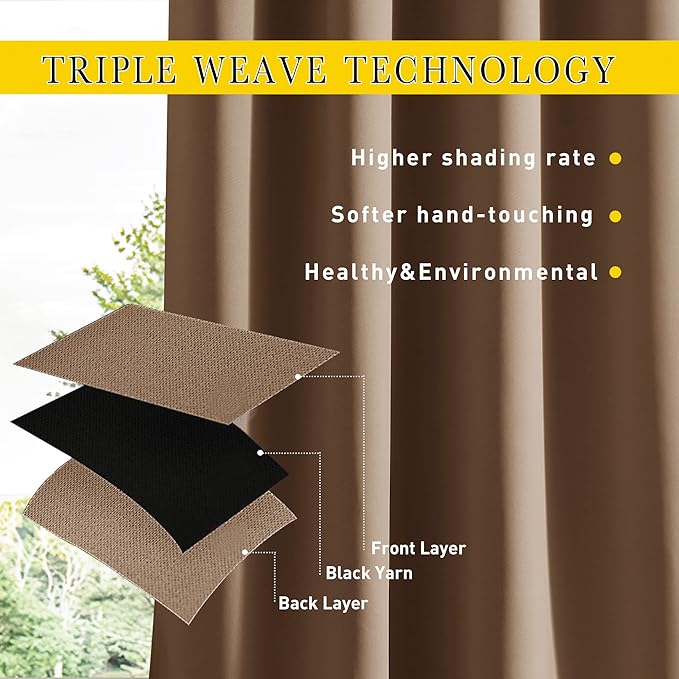 NICETOWN 2 Panels Outdoor Curtains for Patio Waterproof & Windproof, Thermal Insulated Top & Bottom Grommet & Back Tab Light Block Outdoor Drapes with Bouns Rope for Fixed, Tan, W66 x L90