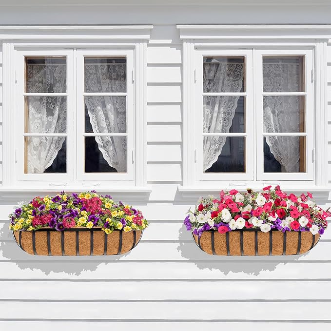 30 Inch Window Deck with Coco Liner, 30" Window Boxes Horse Trough with Coconut Coir Liner, Fence Metal Hanging Flower Planter Window Basket Deck Railing Planter Boxes for Outdoor Garden Lawn, 4pcs