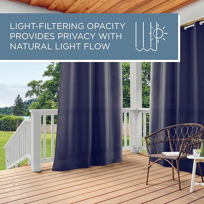 TOWN & COUNTRY BASICS Cabana Solid Heavyweight Indoor Outdoor Curtains, Light Filtering Opacity with Grommet Top, Water Repellent, 2-Pack Set, 54"x108", Dark Navy