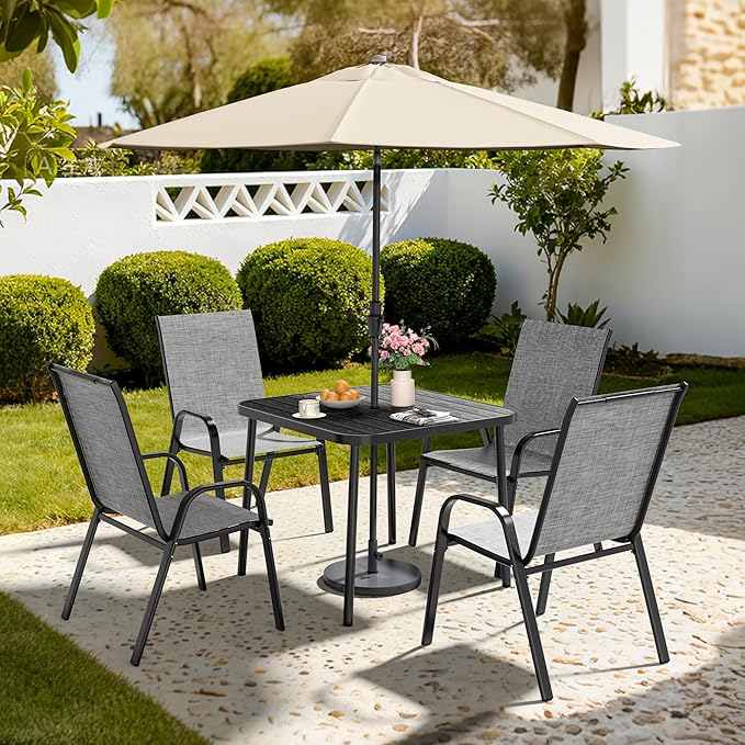 Pamapic Outdoor Dining Sets for 4, Square Steel Slat Table with 4 Textilene Chairs, 5 Piece Patio Table and Chairs Set with Adjustable Umbrella Hole for Patio,Garden, Backyard, and Poolside (Grey)