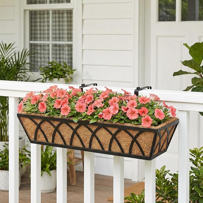 Y&M 24 Inch Window Deck with Coco Liner, Fence Metal Hanging Flower Planter Window Basket Deck Railing Planter Boxes for Outdoor Garden Lawn,6pcs